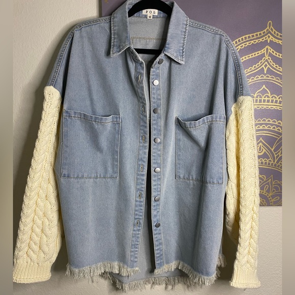 POL Denim & Cable Knit Button Down Shacket - Picture 6 of 9